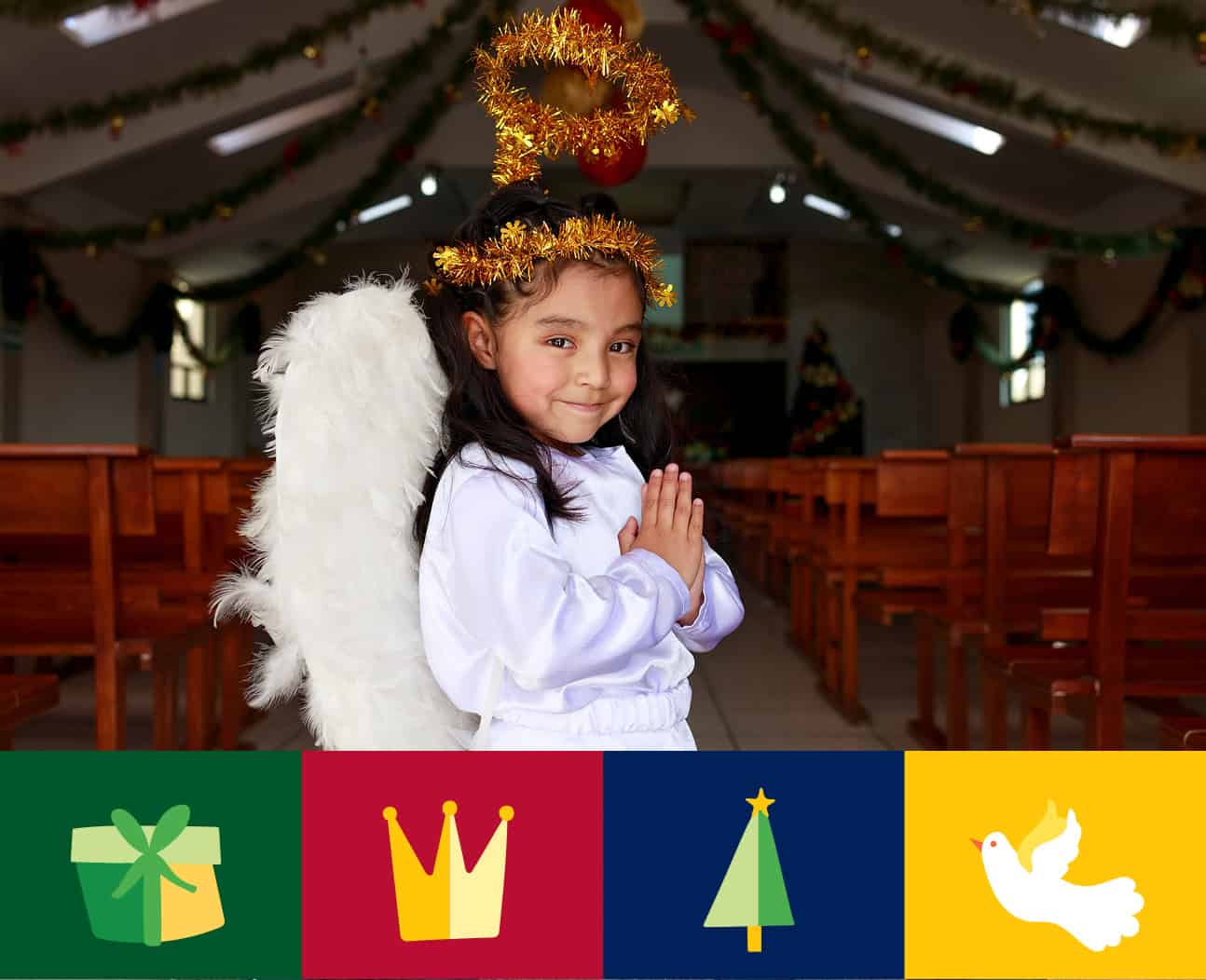A girl dressing up like an angel and smiling at the camera.