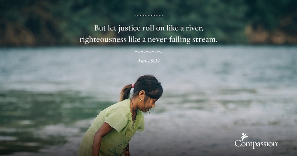 A Thai girl on the beach. Quote on the photo says: “But let justice roll on like river, righteousness like a never-failing stream.” – Amos 5:24