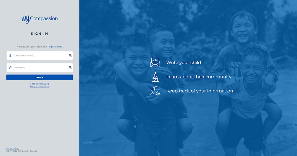 A screenshot of the My Compassion homepage.