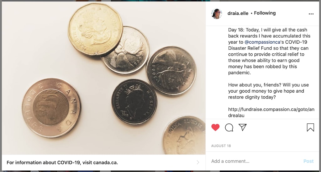 A screenshot of one of Andrea's "Thirty Days of Intentional Compassion" posts, reflecting on spare change.