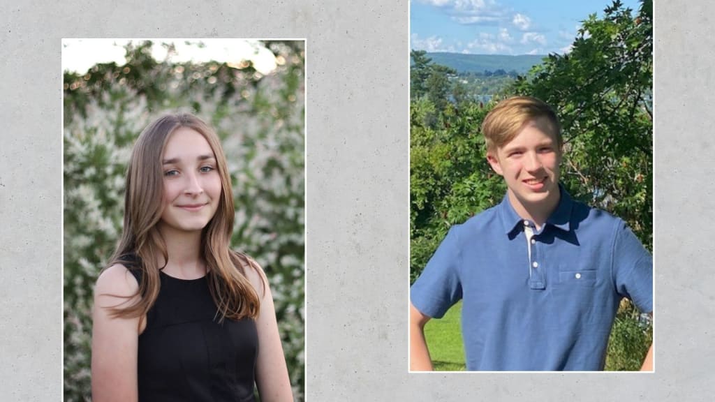 A graphic with a grey background and a photo of Cayna on the left and Joshua on the right. Cayna has shoulder length blonde hair and is wearing a black top. Joshua has short blonde hair and is wearing a blue polo shirt. They are both standing outside in front of greenery.