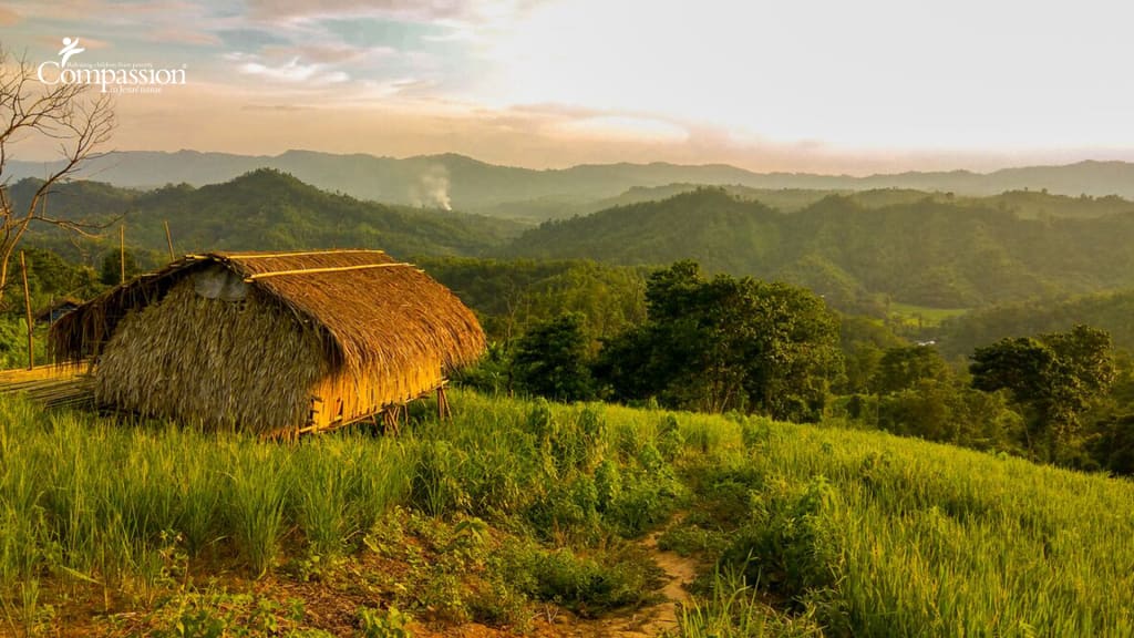 A brown hut on a green hill.