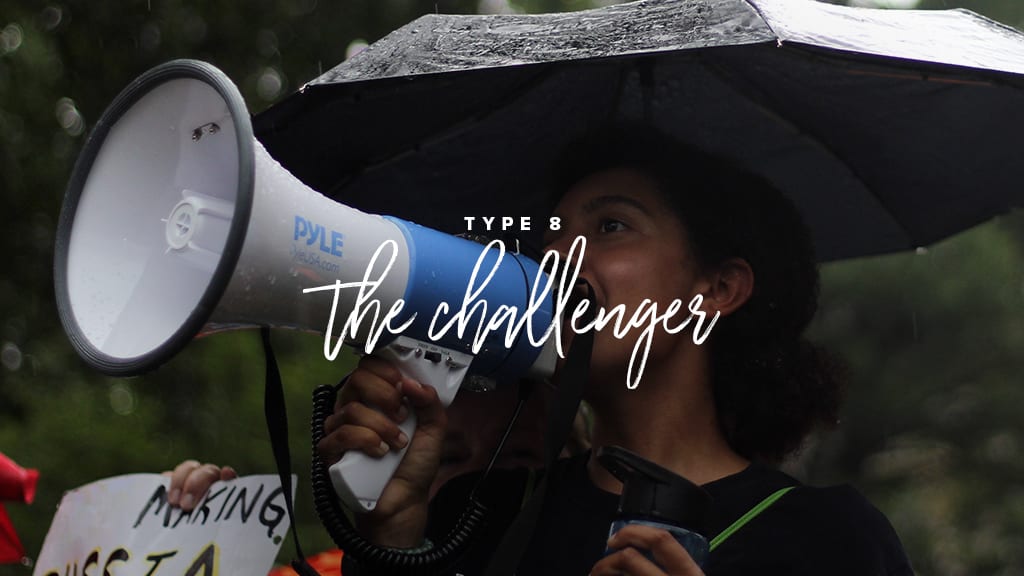type 8: the challenger. girl holding a megaphone in the rain