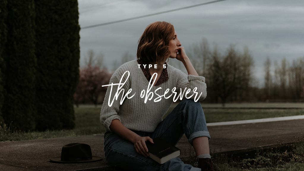 A GIRL WEARING JEANS AND A WHITE SWEATER LOOKS CONTEMPLATIVELY OFF TO THE DISTANCE. "TYPE 5: THE OBSERVER"