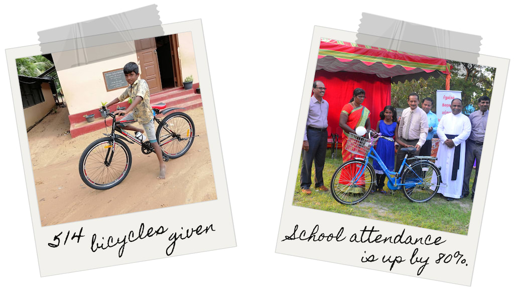 Two photos. Photo 1: A boy riding a bicycle. Photo 2: A girl receiving a bicycle poses with a group of adults.
