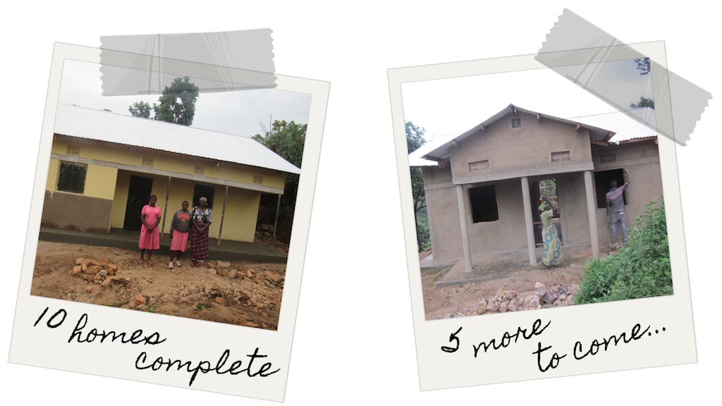 Left: a family poses in front of a completed home. Right: A home that is nearly complete; a woman walking in front of it carrying supplies.