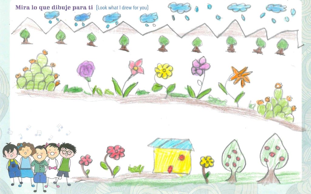A drawing of flowers, trees and rain in a field.