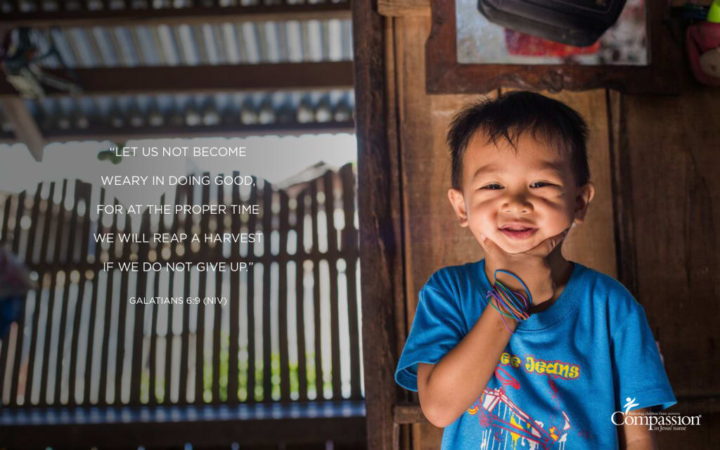 A graphic that includes a photo of a boy in the Philippines and the text of Galatians 6:9.