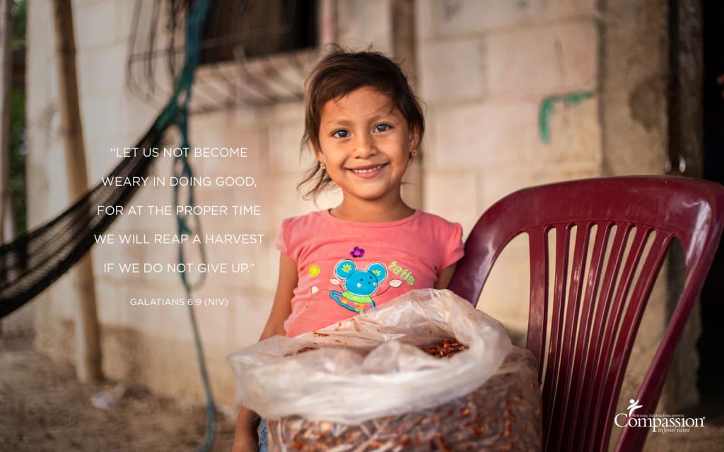 A graphic that includes a photo of a girl in Ecuador and the text of Galatians 6:9.