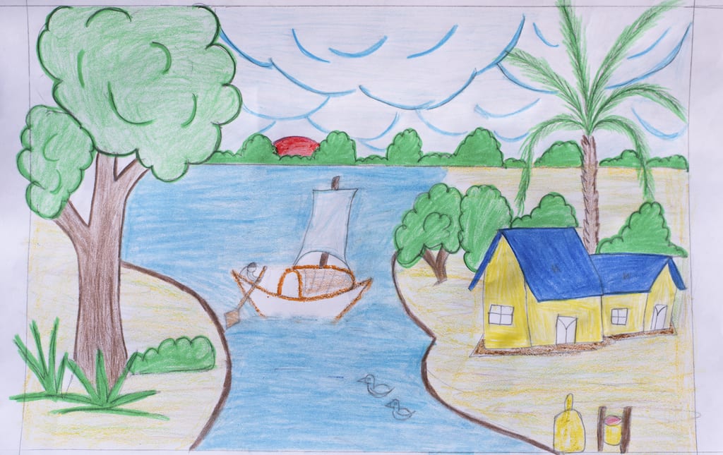 A drawing of a boat on a river.