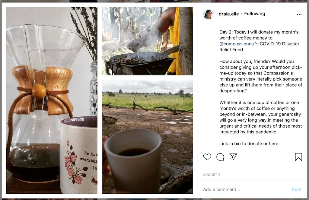 A screenshot of one of Andrea's "Thirty Days of Intentional Compassion" posts, encouraging people to donate the cost of their daily coffee.