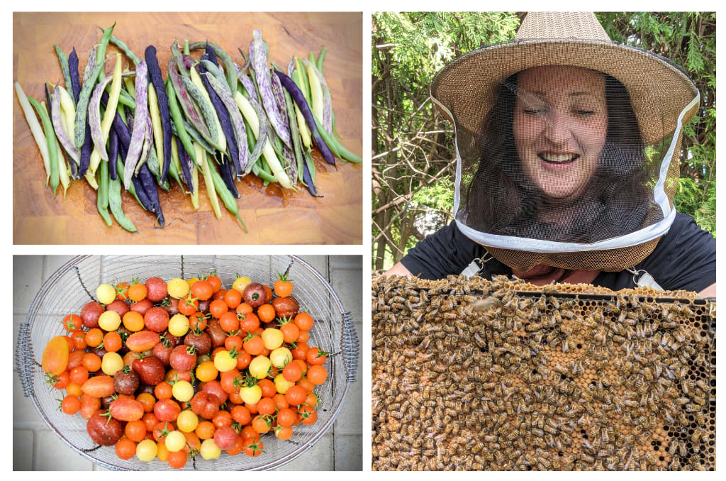 Compassion staff member Lindy shows off a close encounter with some local pollinators, and some colourful vegetables she grows - beans and cherry tomatoes