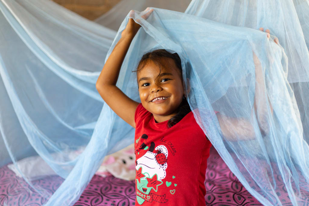 A girl in red holds up a blue mosquito net above her head