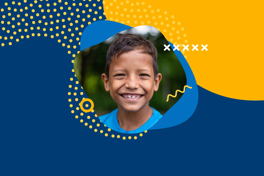 A blue and yellow graphic background with a thumbnail image of a Latin American child wearing a blue shirt.