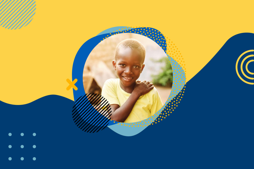 A yellow and blue graphic background with a small image of an African child wearing a yellow shirt in the centre.