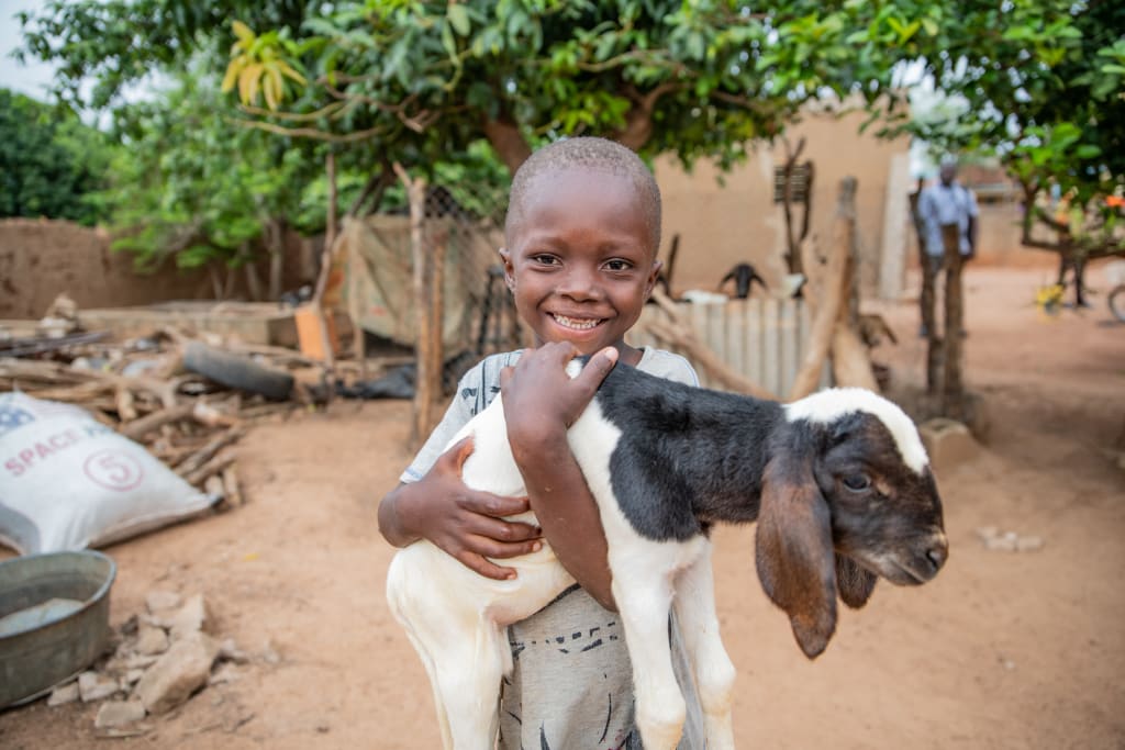 young boy holds a baby goat in his arms