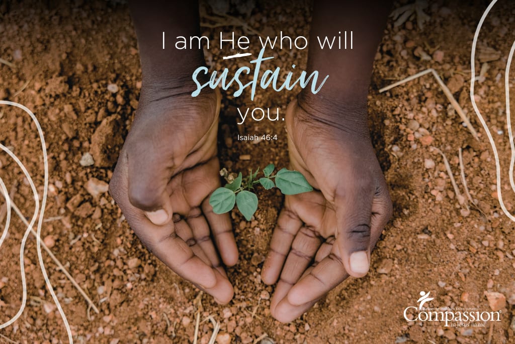 A Bible verse graphic that includes an image of a plant growing in dirt and the text of Isaiah 46:4