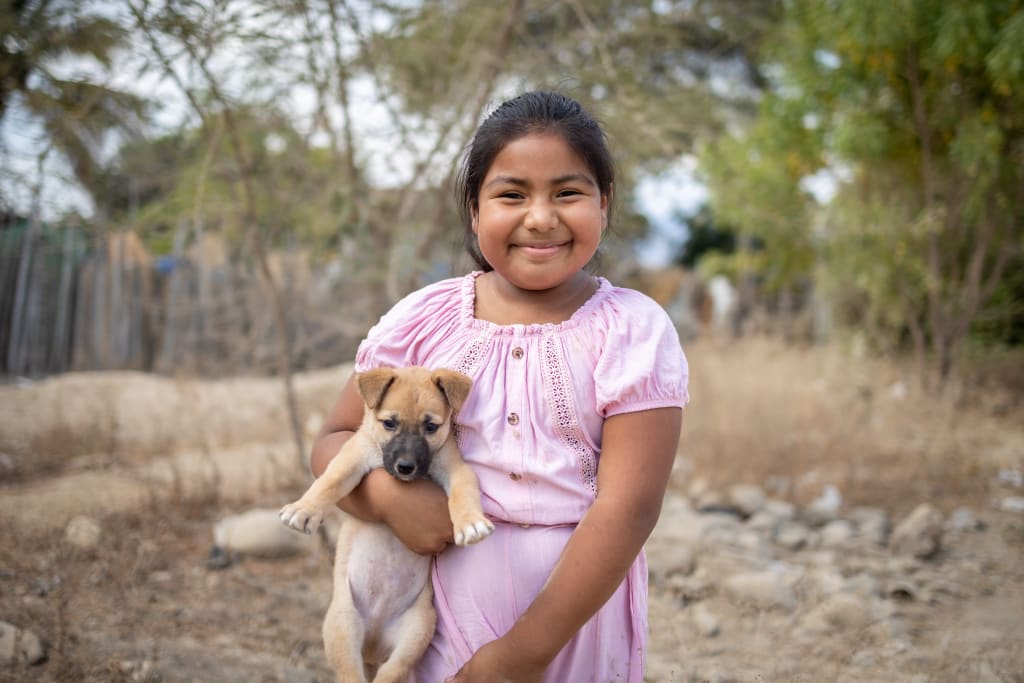 A girl in pink holds a puppy in her arms and grins with joy.