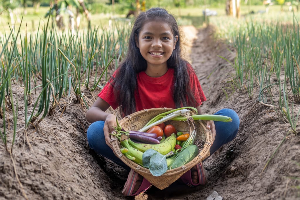 A young girl in a red shirt sits smiling in her family garden with a lap full of fresh vegetables. Juna's garden was made possible by Compassion.