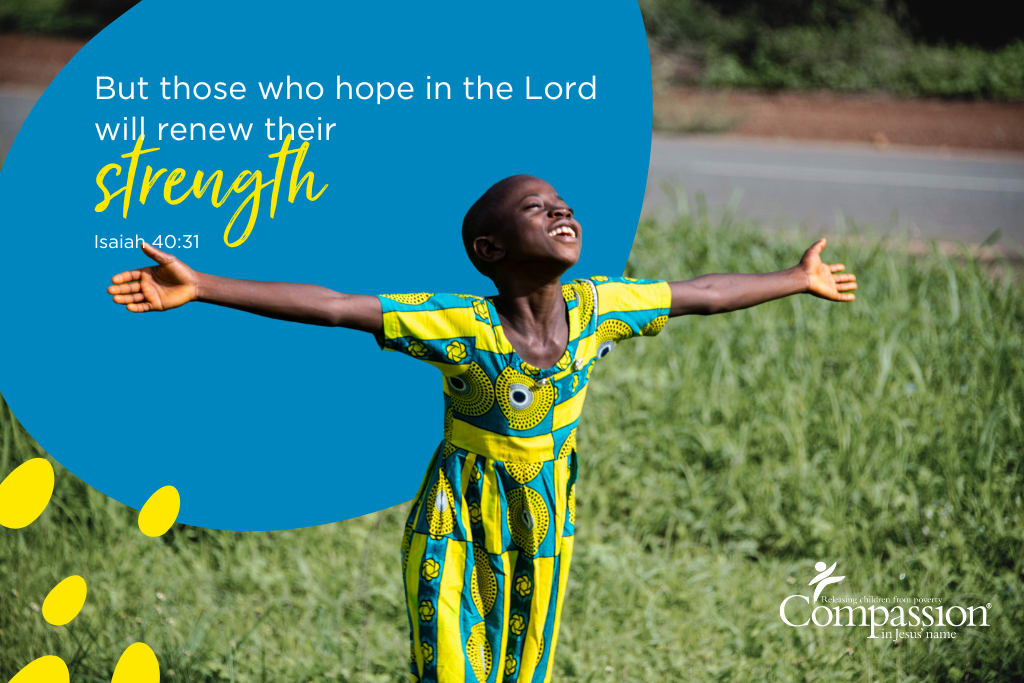 A Bible verse graphic that includes a photo of a child in a bright blue and yellow dress and the text of Isaiah 40:31