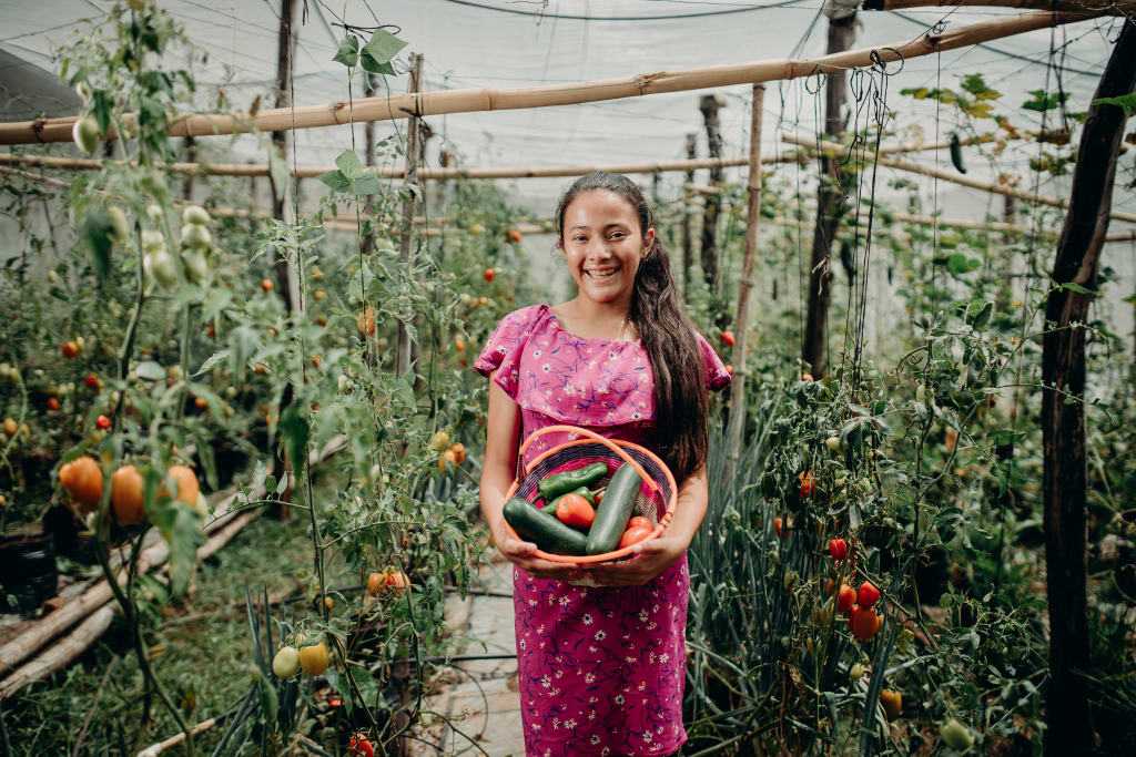 A girl in pink stands with a basket of vegetables from an income generation gift.