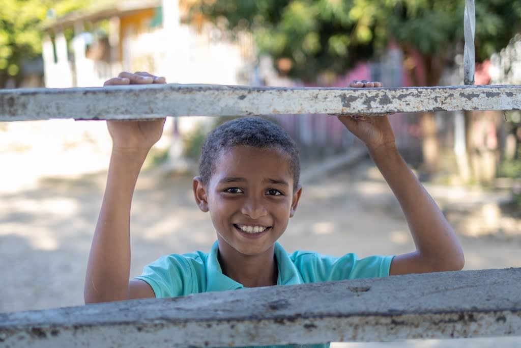 A boy in a turquoise shirt smiles while looking through a wooden fence.