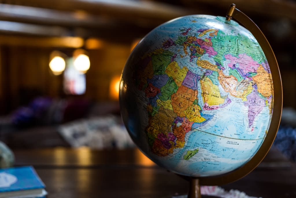 A picture of a classroom globe, turned to East Africa, the Middle East, eastern Europe and West Asia.