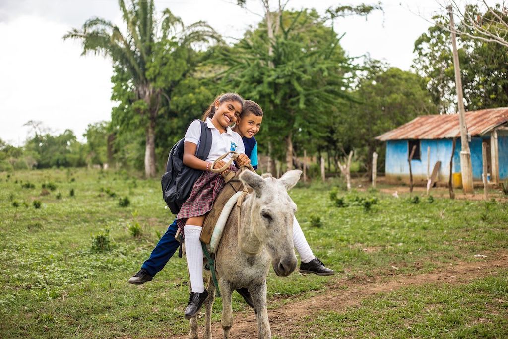 Two children, a sister and brother, sit on a donkey.