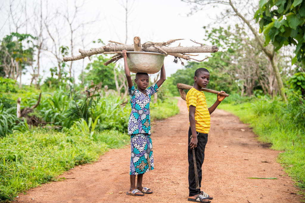 One child holds a basket of branches on their head and the other holds a farming tool. It is a staged depiction of child labour.