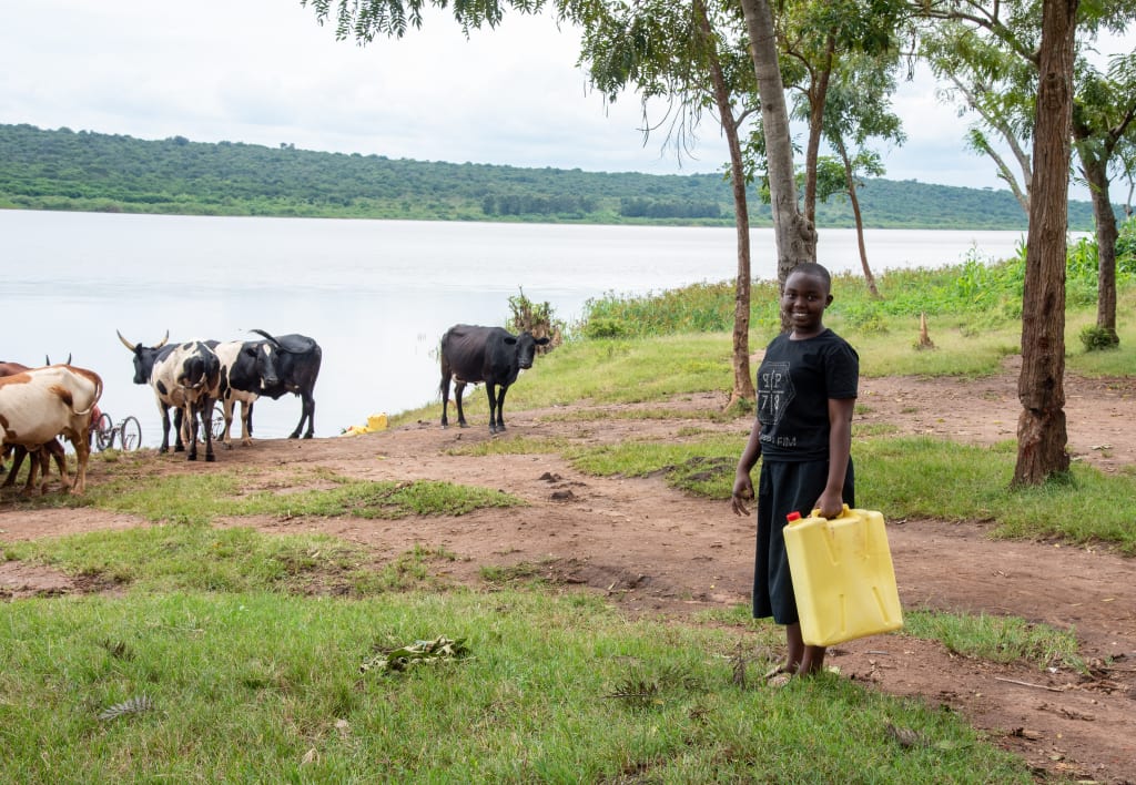 Emeline is wearing a black dress. She is standing near a lake and is holding a yellow jerrycan. There are cows by the lake.
