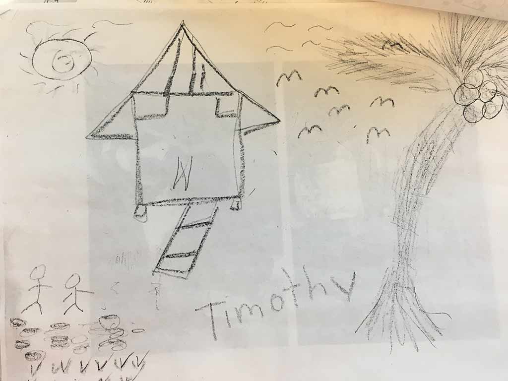 A picture of a house and a palm tree drawn in pencil and signed "Timothy"
