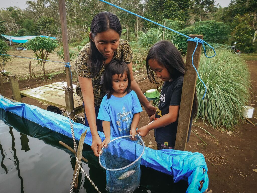 Meisy and her sister and mom gather around the pond with a net to catch fish.