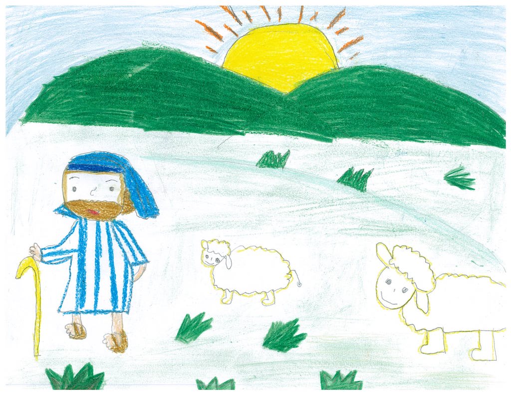 A drawing of a shepherd and sheep in a field.