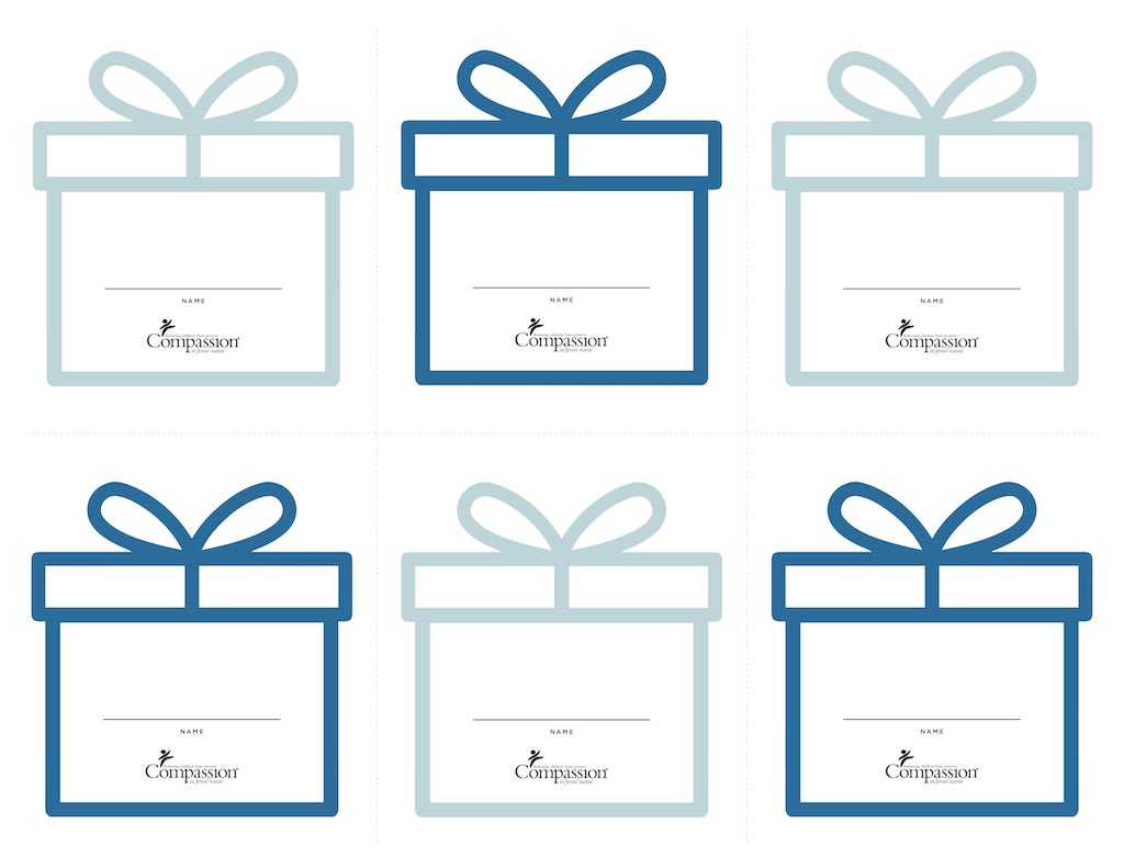 Six graphics on a page of blue gift boxes with the Compassion logo on them and a space to write a name.