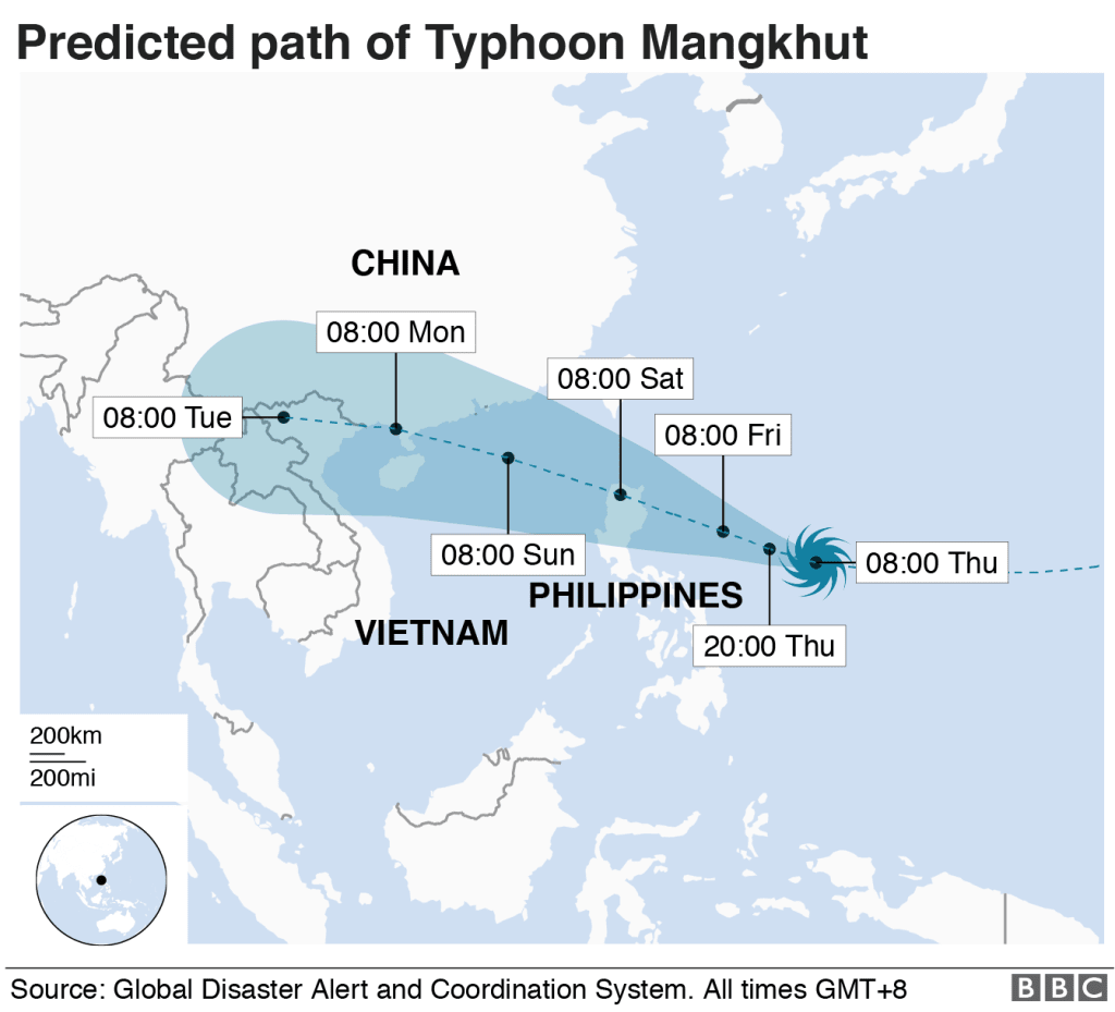 A map of the projected path of Typhoon Mangkhut, starting east of the Philippines and ending in China.