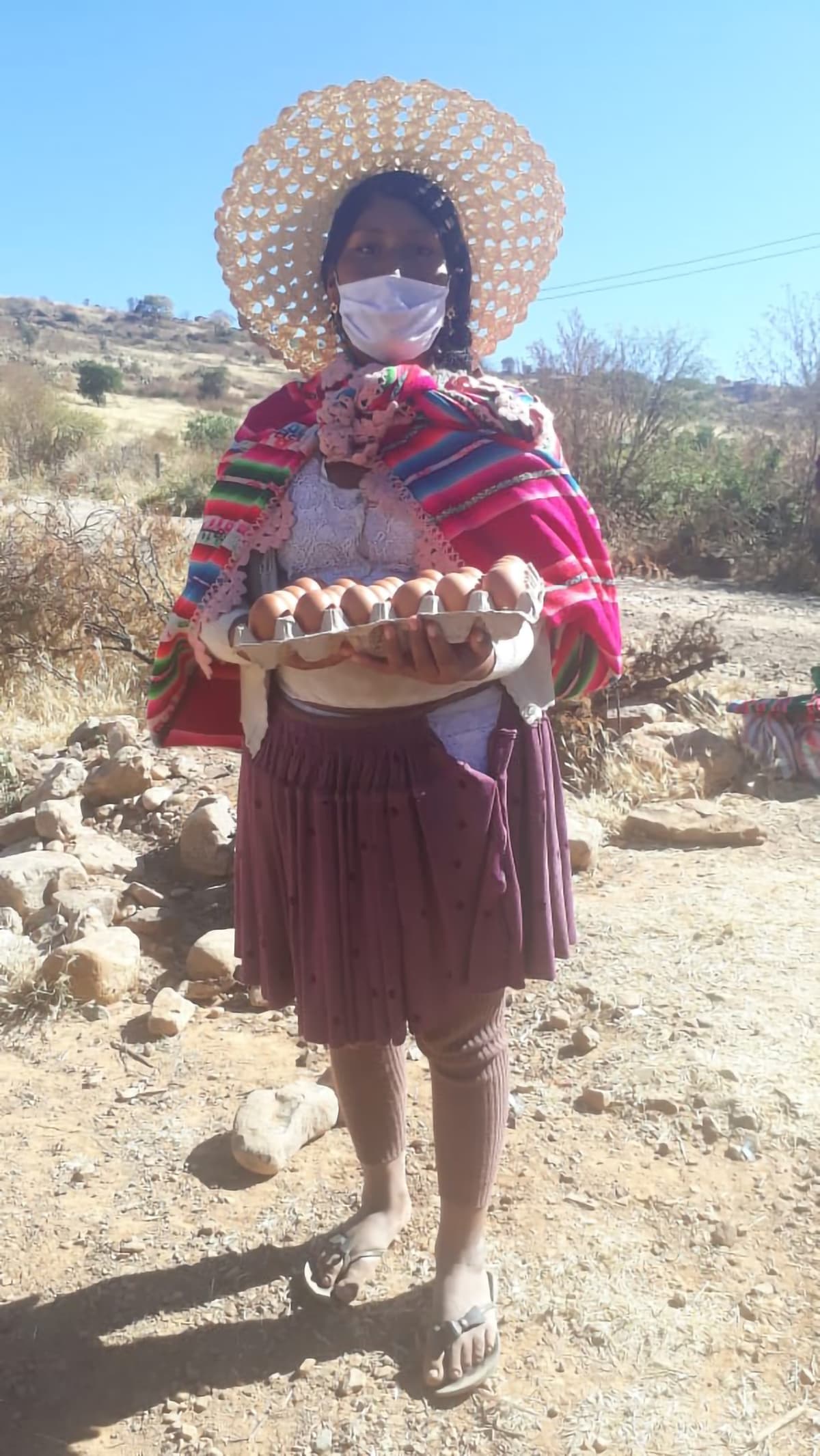 A Bolivian woman, wearing traditional hat and scarf, as well as a surgical mask, holds a flat of brown eggs.
