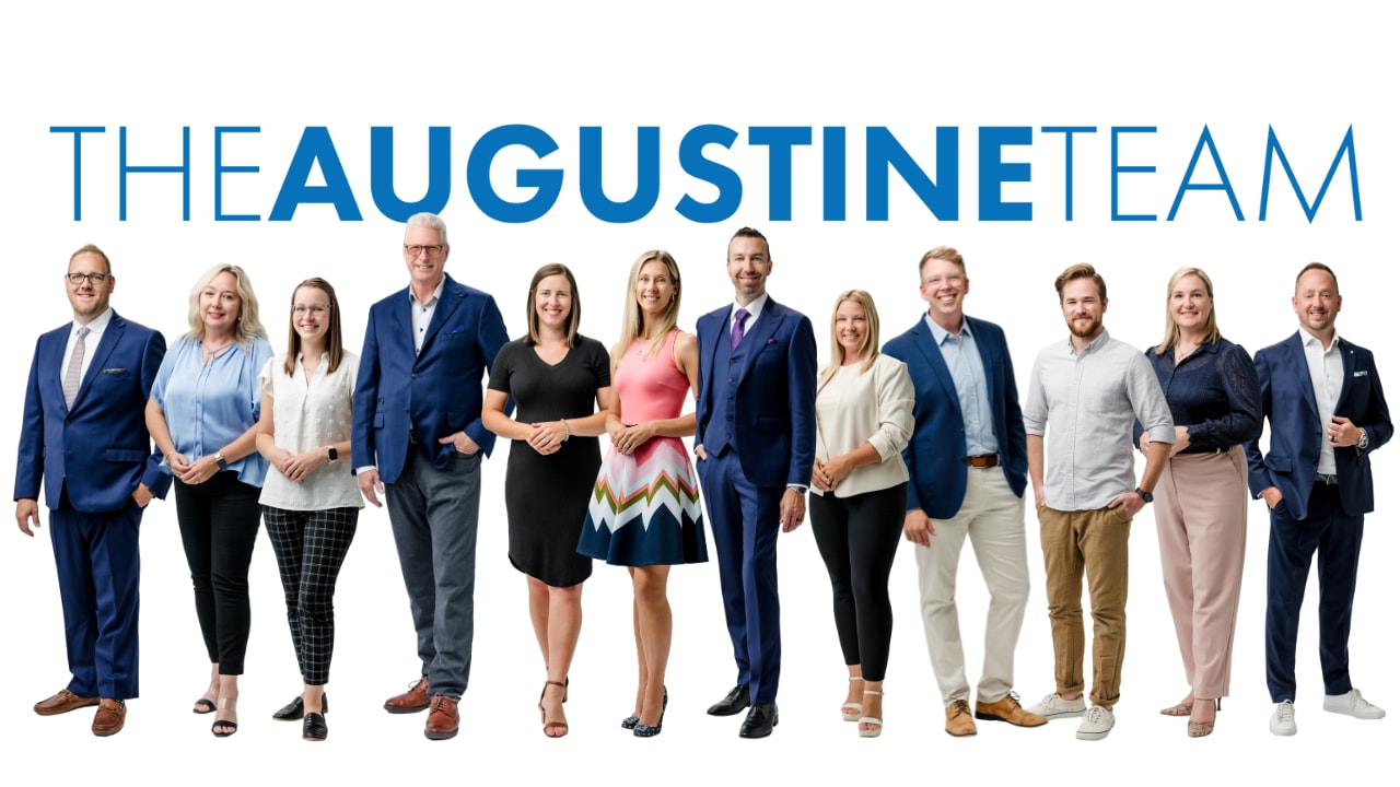 A photo of Aimee and Steve's staff team, with the text "The Augustine Team" above the image.