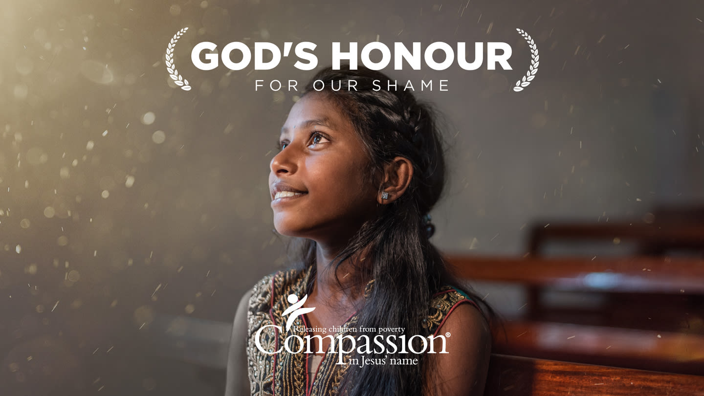 Cover page for God's Honour for Our Shame devotional. A young woman sits in a church pew looking up towards a source of light