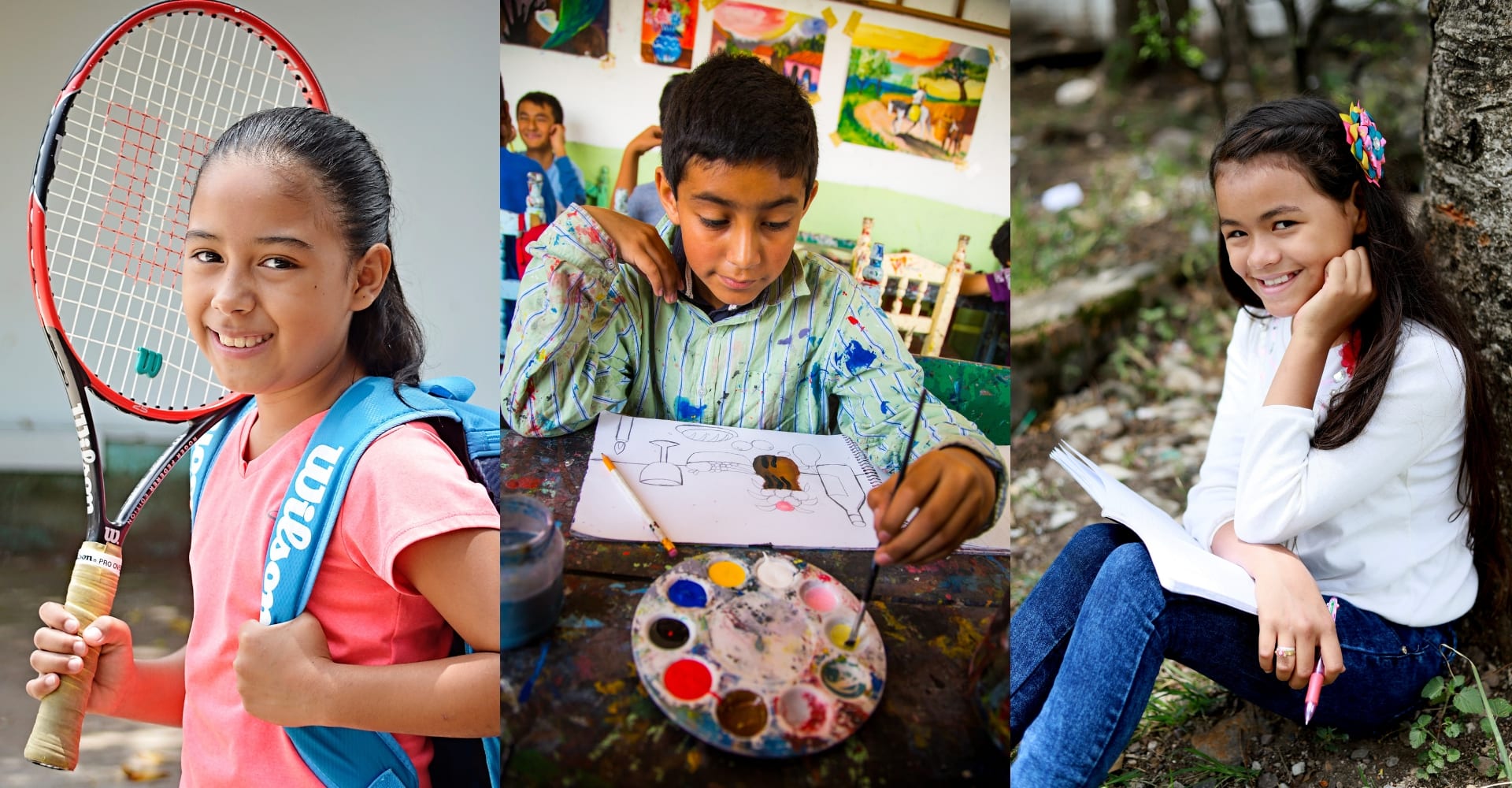 A collage of three kids featured in this post. On the left is Alondra, holding a tennis racquet and carrying a blue backpack. In the middle is Hector, wearing a green paint smock and working on a painting. On the right is Nazareth, who sits with her back against a tree with an open notebook on her lap.