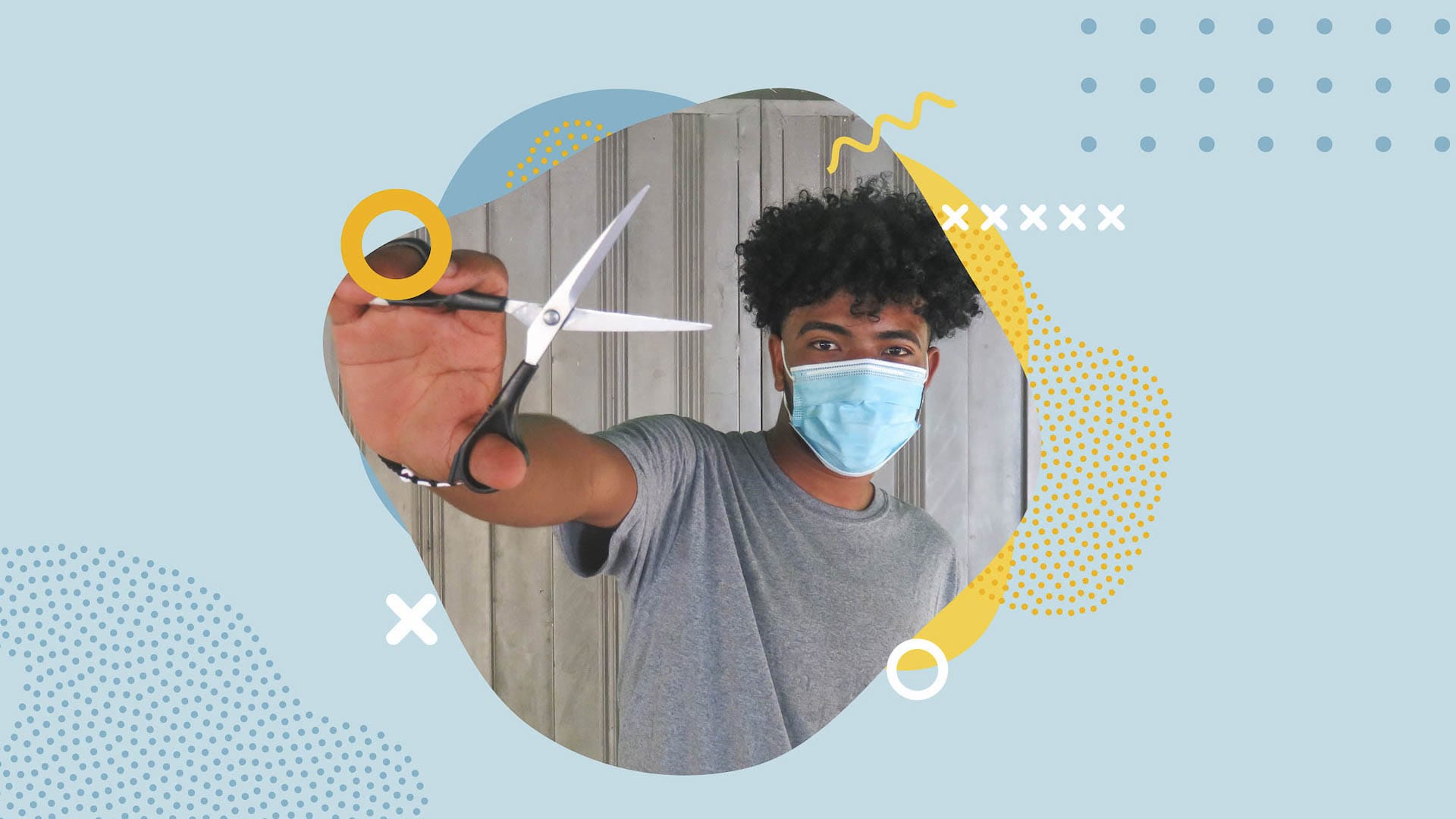 A yellow and blue graphic with a photo of Oned in the centre. Oned is holding a pair of scissors, wearing a grey shirt and a blue face mask.