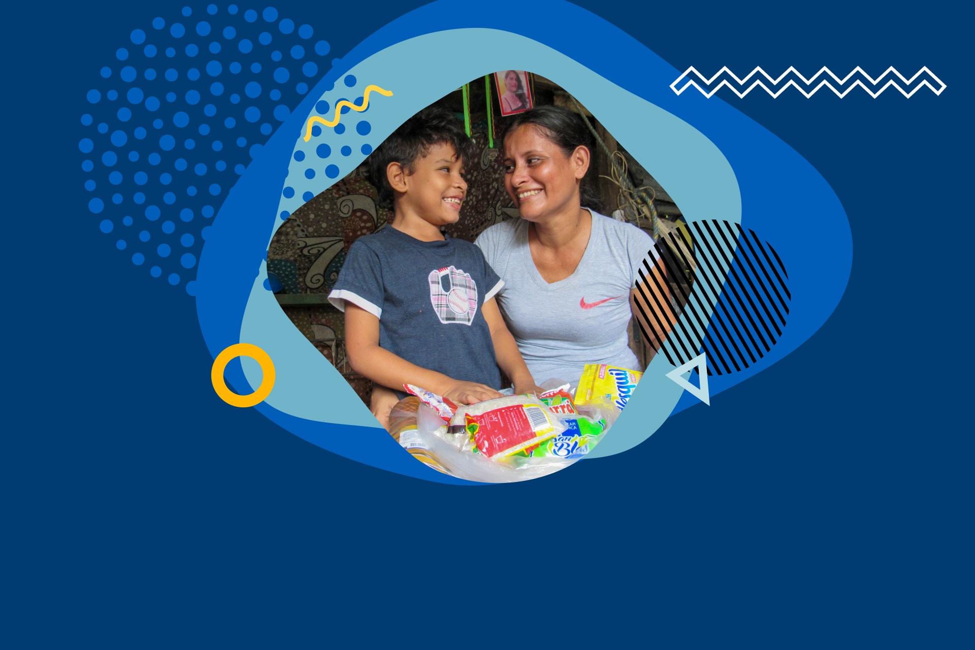 A blue graphic that includes a photo of a young Latino boy with a female caregiver sitting with a delivery of groceries.