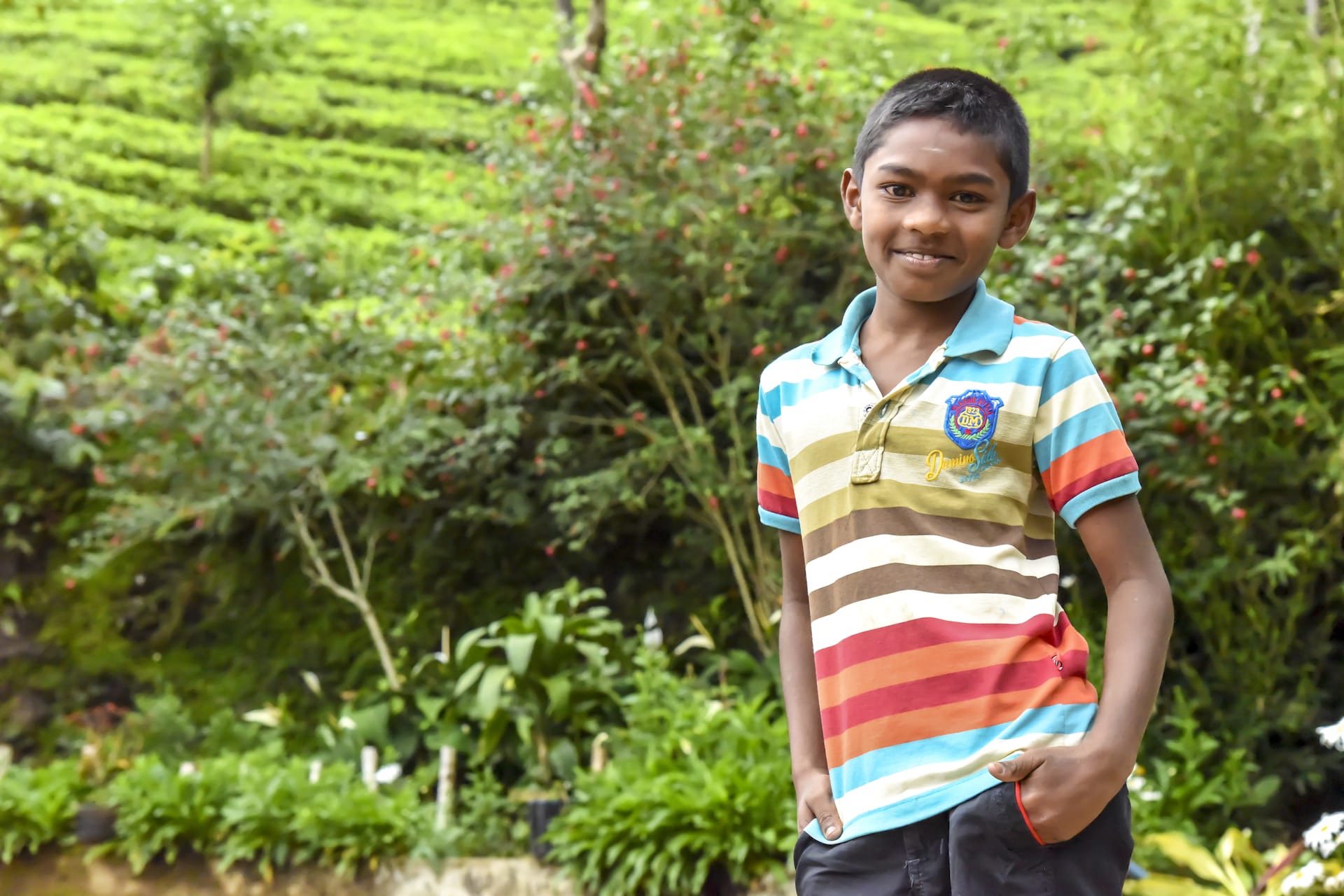 A South Asian boy in a striped polo shirt stands in front of greenery.