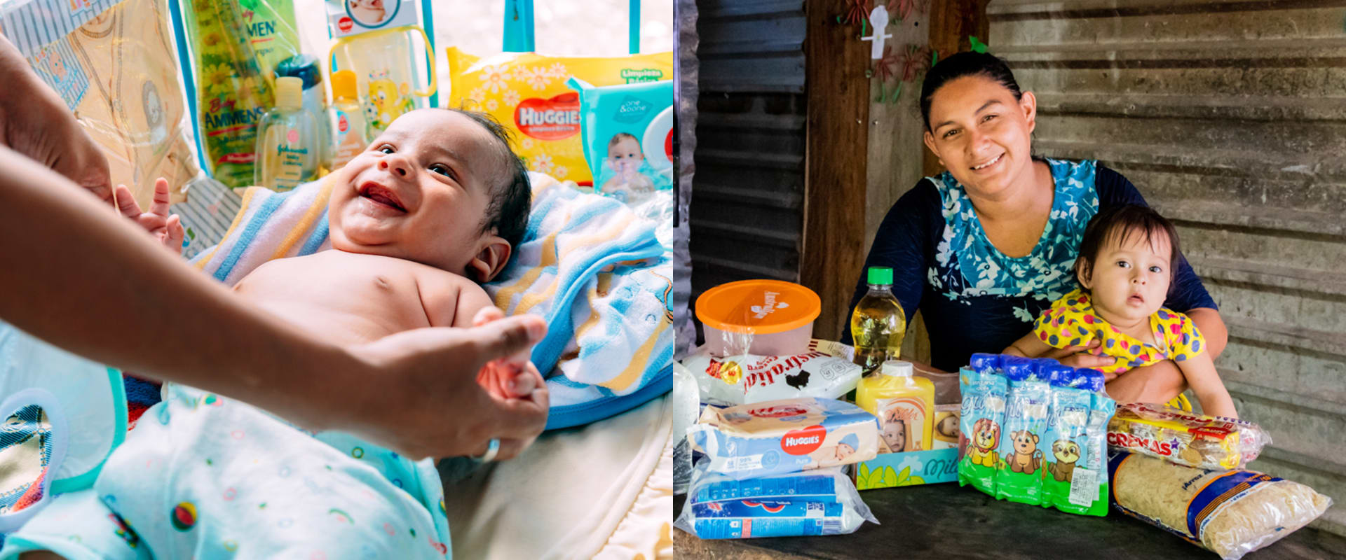 A picture of a baby laying on blankets while smiling is side by side with a picture of a mother and child sitting in front of packaged food.