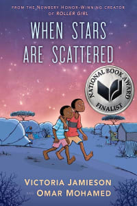 Book cover for "When Stars are Scattered : by Victoria Jamieson and Omar Mohamed. Graphic Novel for middle-school aged kids. Two boys with dark skin walk under a sky of pink and purple with a tent village behind them. One of Compassion Canada's picks of books to build Compassion in kids