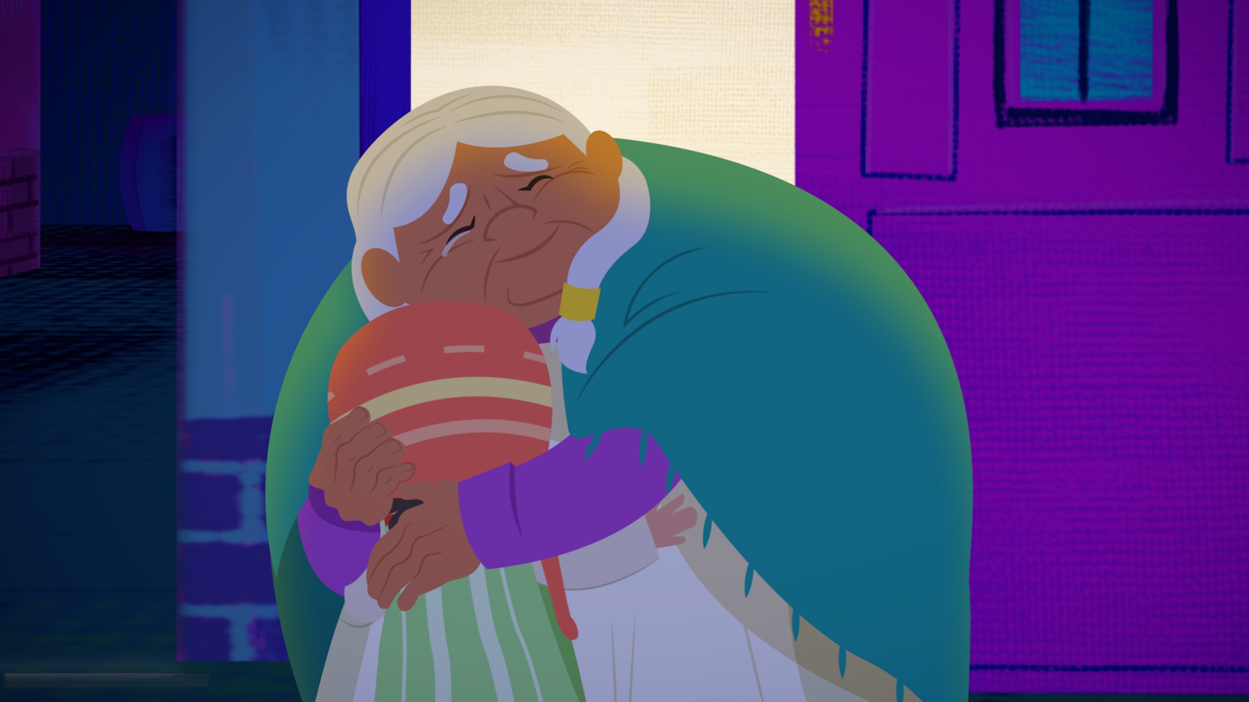 An elderly woman with white hair and a blue shawl hugs a boy in a red and yellow hat