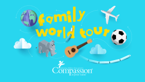 Title page for Family World Tour devotional. A cheerful blue background features youthful lettering and objects including an airplane, globe, elephant, ukulele and soccer ball
