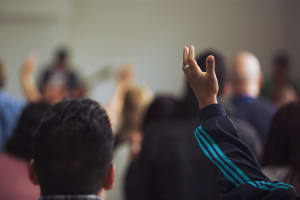 Worshippers singing at a church in Colombia.