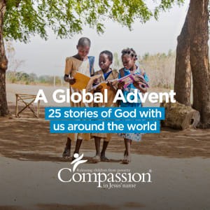 Three girls stand outside with books. Text on the image says: A Global Advent: 25 stories of God with us around the world