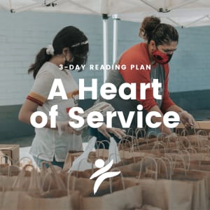 Two women pack brown bags. The image reads "A 3-day reading plan: A Heart of Service"