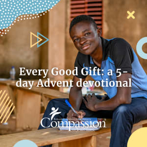 A teen in a blue shirt holds and pen and smiles at the camera. Text says Every Good Gift: a 5-day Advent devotional